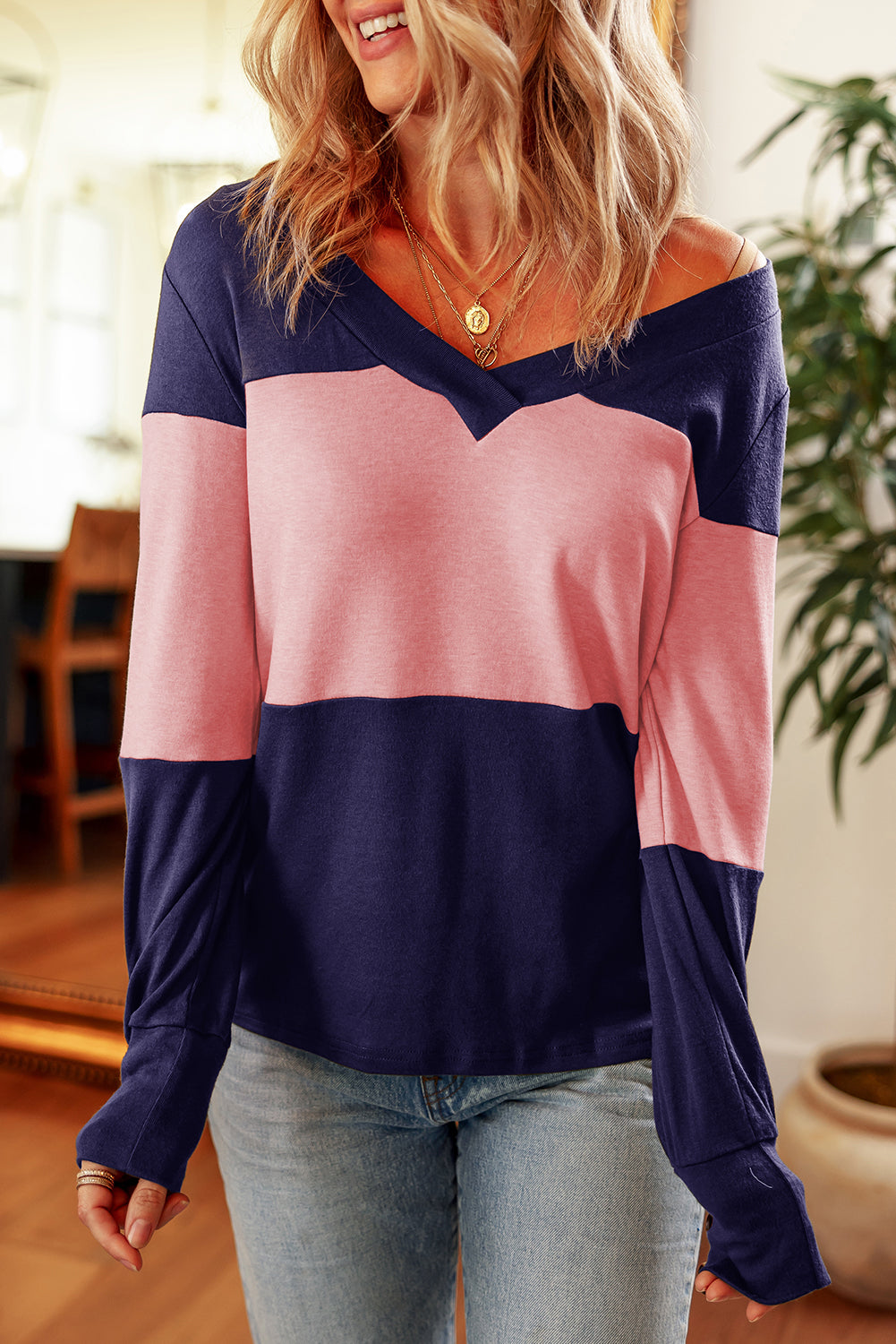 Navy & Pink Stripe Colorblock Long Sleeve V Neck Top