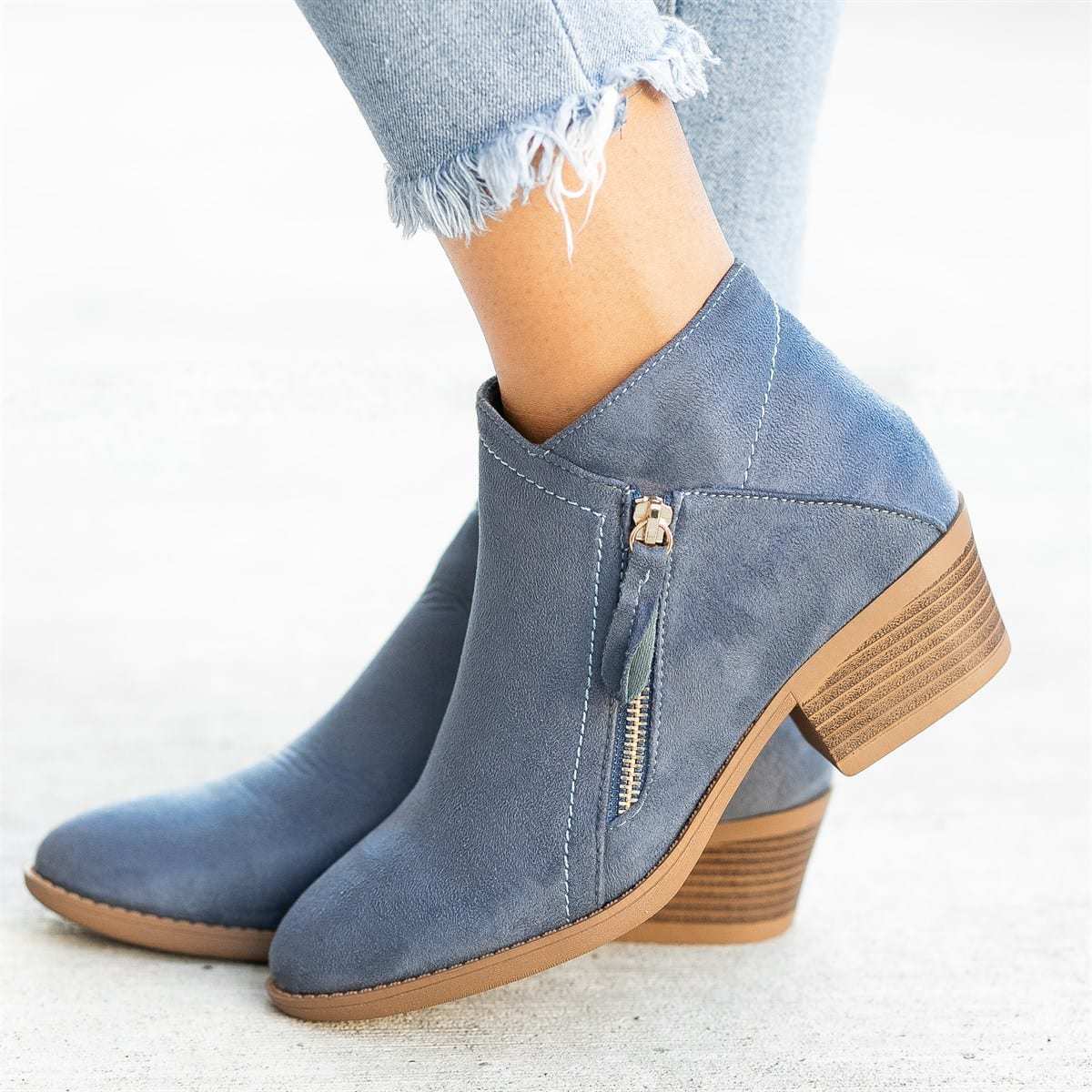 Low Heel Side Zipper Ankle Boots