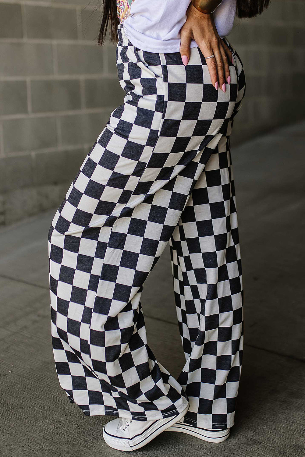 B&W Checkered Print High Waist Wide Leg Pants