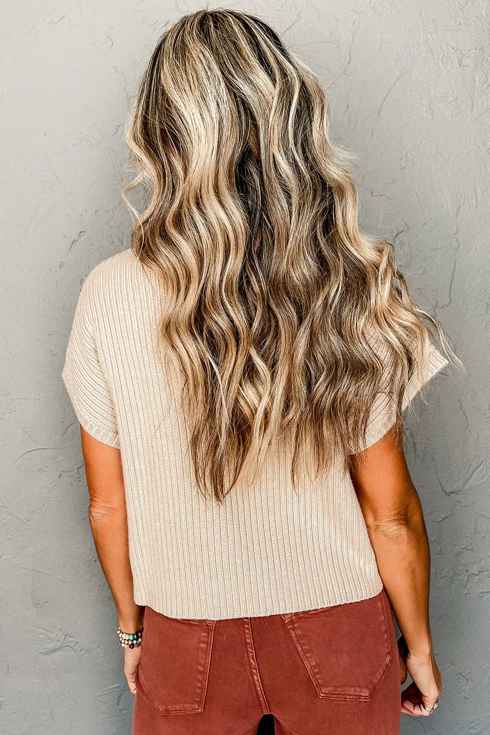 Oatmeal Patch Pocket Ribbed Knit Short Sleeve Sweater Bazaare Mart Sweaters & Cardigans/Short Sleeve Sweaters