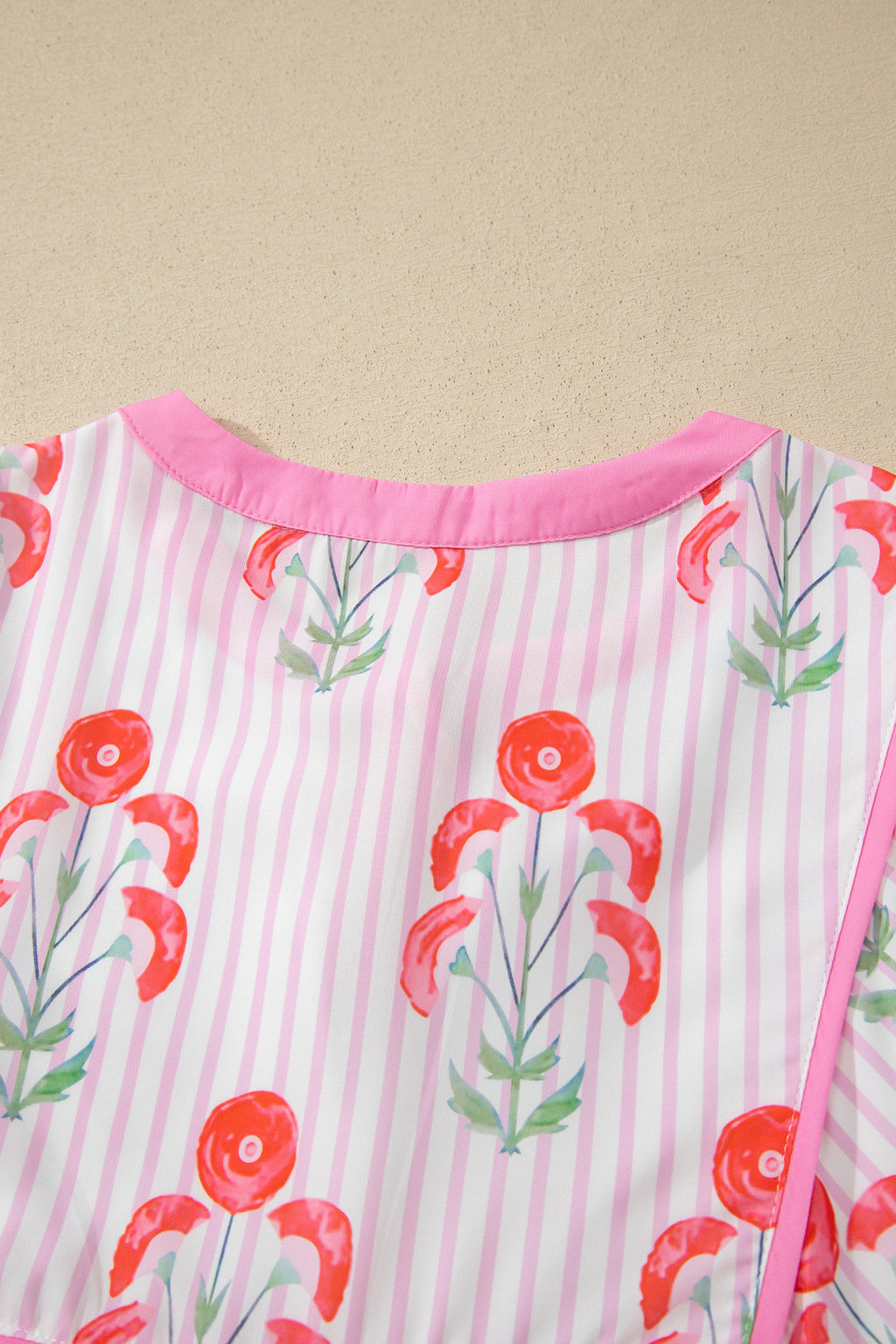 Pink Floral Striped Print Tie Notched Neck Puff Sleeve Flared Mini Dress Dear-Lover Dropshipping Dresses/Floral Dresses