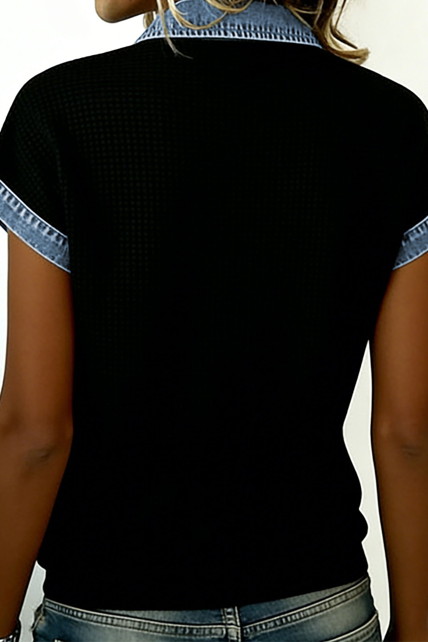 Black Textured Knit Denim Color Block Patchwork Collar Button Down Shirt Dear-Lover Dropshipping Tops/Blouses & Shirts