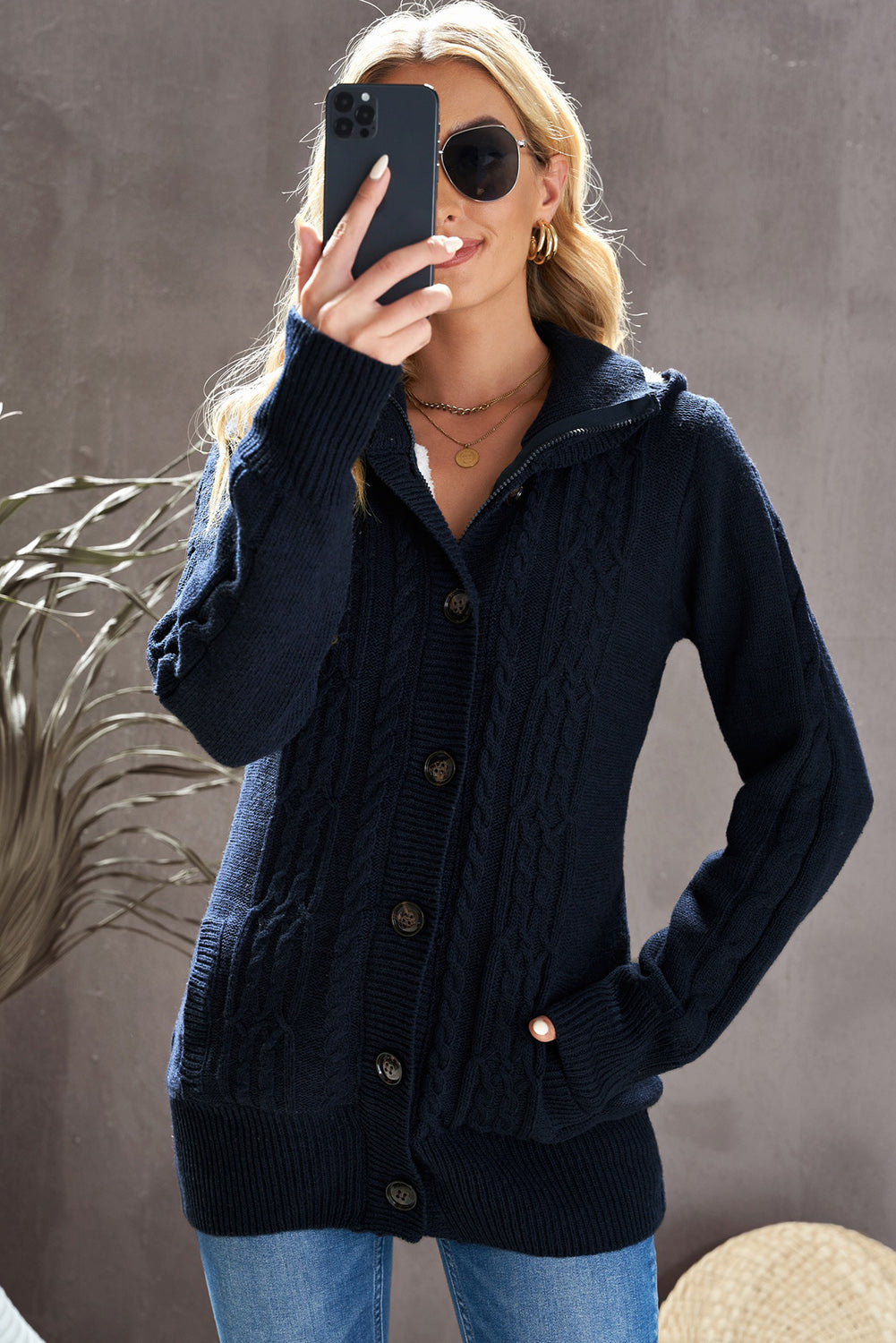 Navy Blue Fur Lined Hooded Winter Cardigan