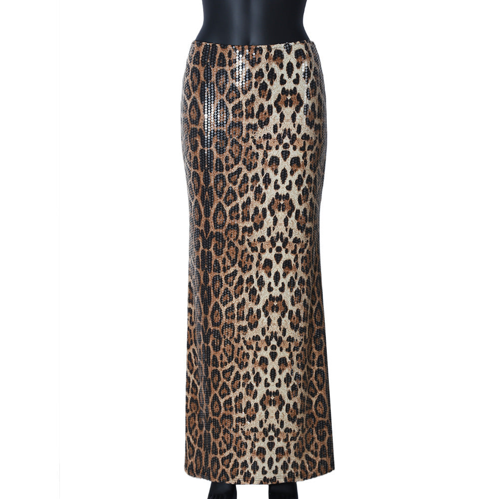 Leopard Print Sequin Maxi Skirt