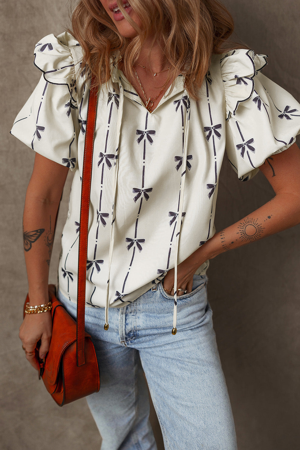 White with Black Bow Ruffled Bubble Sleeve V Neck Blouse