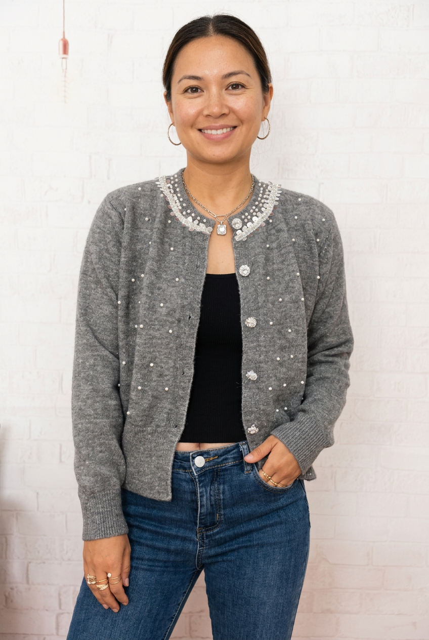 Retro Pearl Detail Button-Front Cardigan
