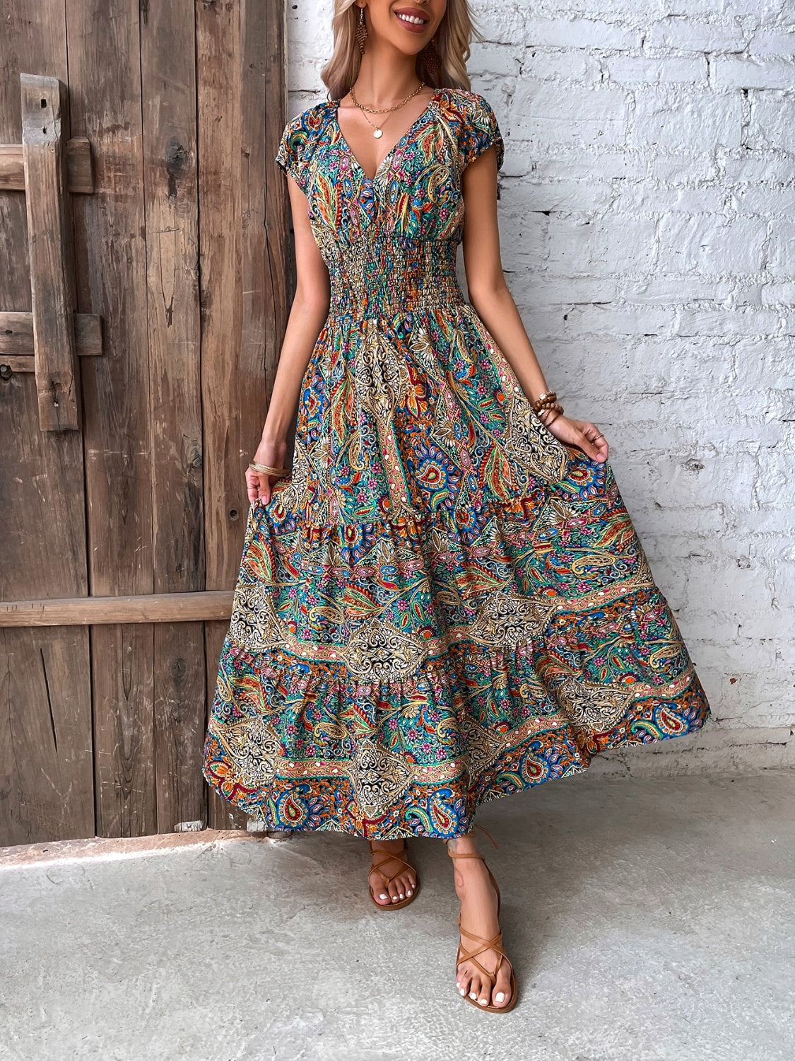 Smocked Printed Cap Sleeve V-Neck Midi Dress