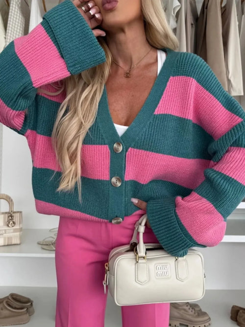Color Block Striped V-Neck Button Front Cardigan Trendsi Color Block Striped V-Neck Button Front Cardigan