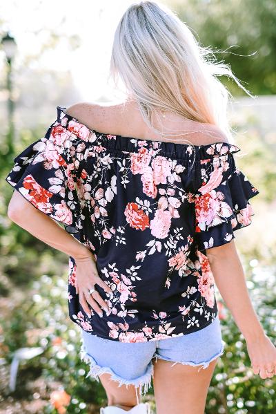 Back of  Navy Off-shoulder flounce Rose Top