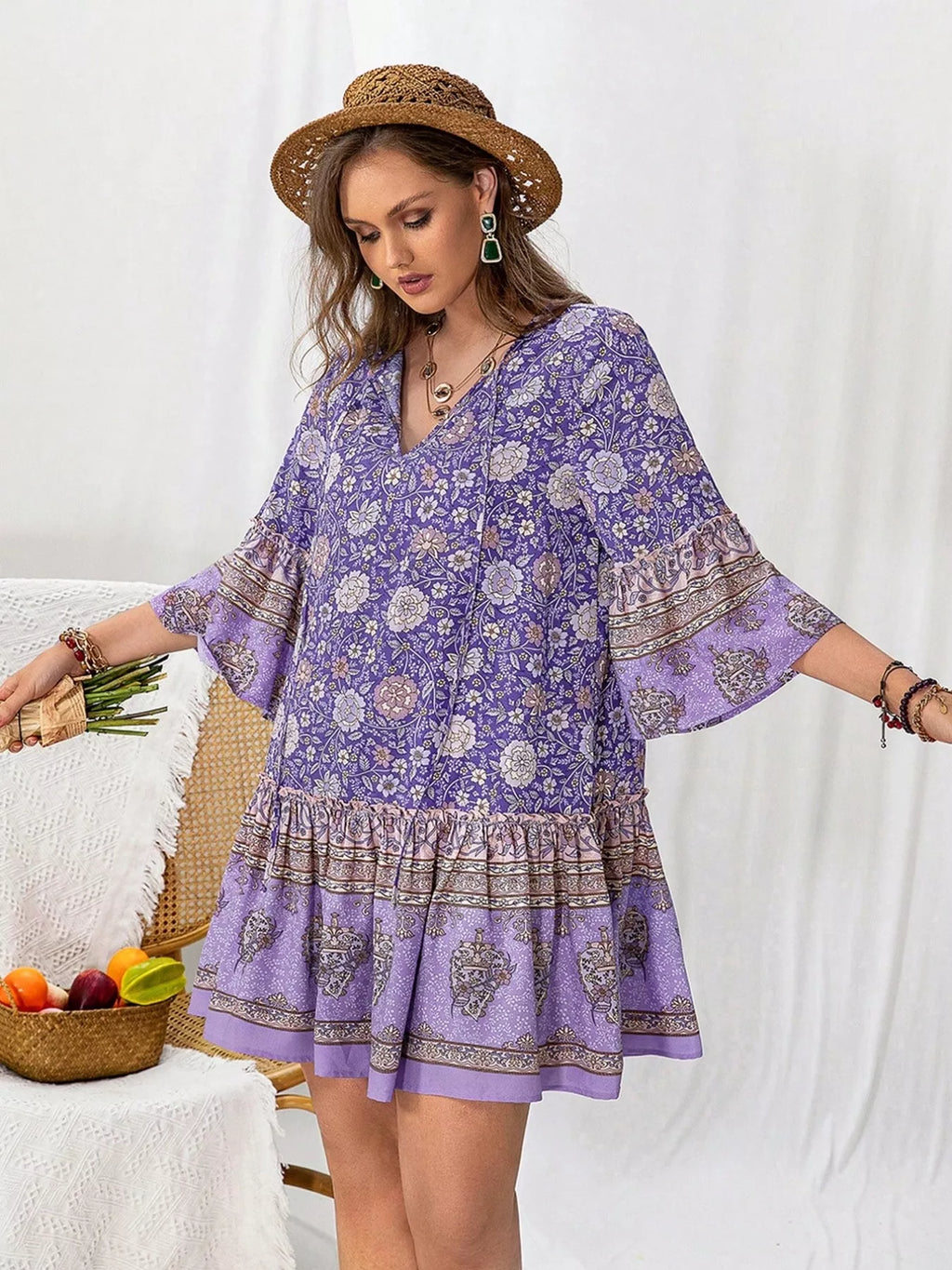 Purple Boho V-Neck 3/4 Sleeve Ruffle Hem Mini Dress Lavender Bazaare Mart Floral Print Ruffle Hem Mini Dress