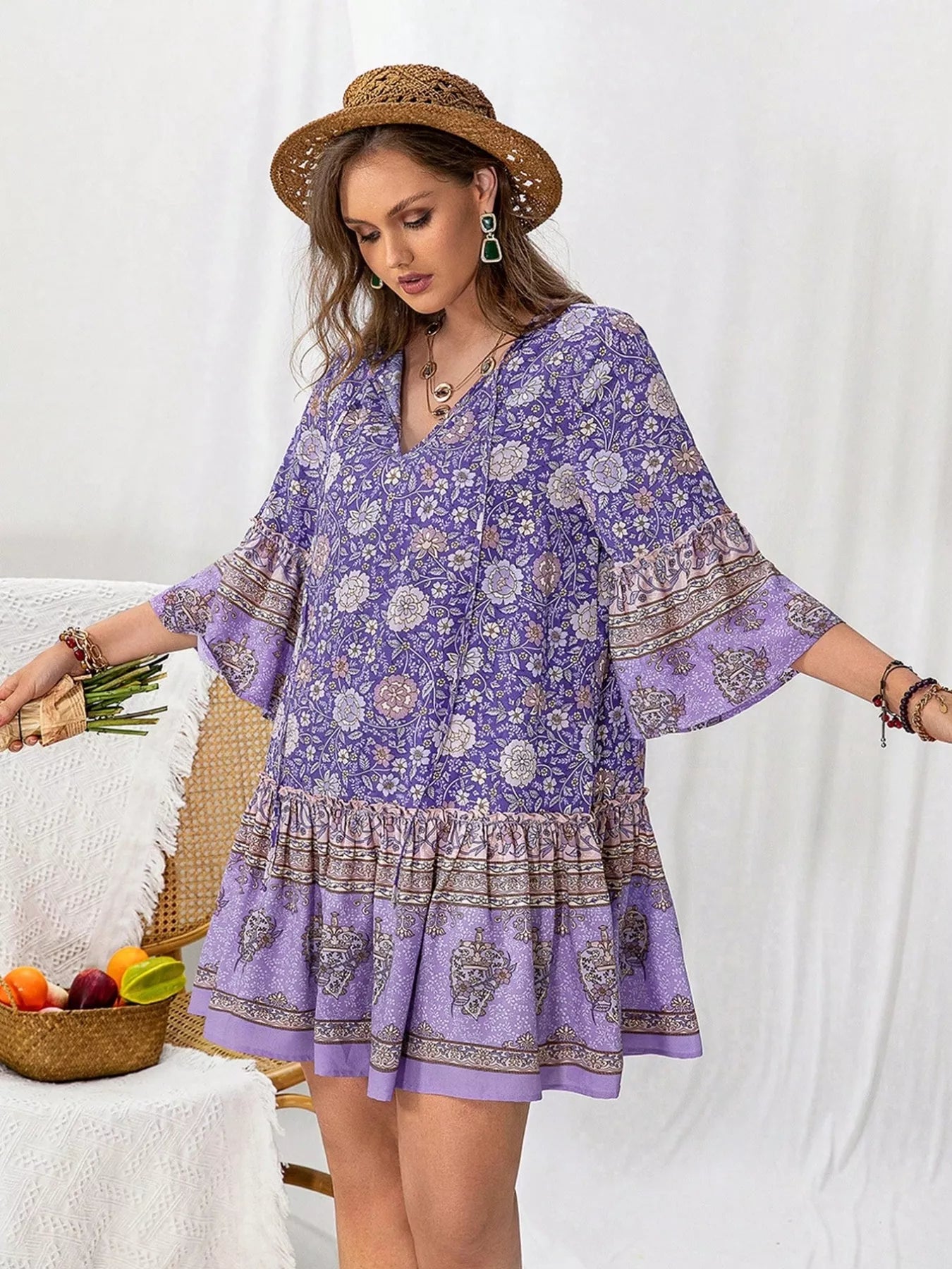 Purple Boho V-Neck 3/4 Sleeve Ruffle Hem Mini Dress Lavender Bazaare Mart Floral Print Ruffle Hem Mini Dress