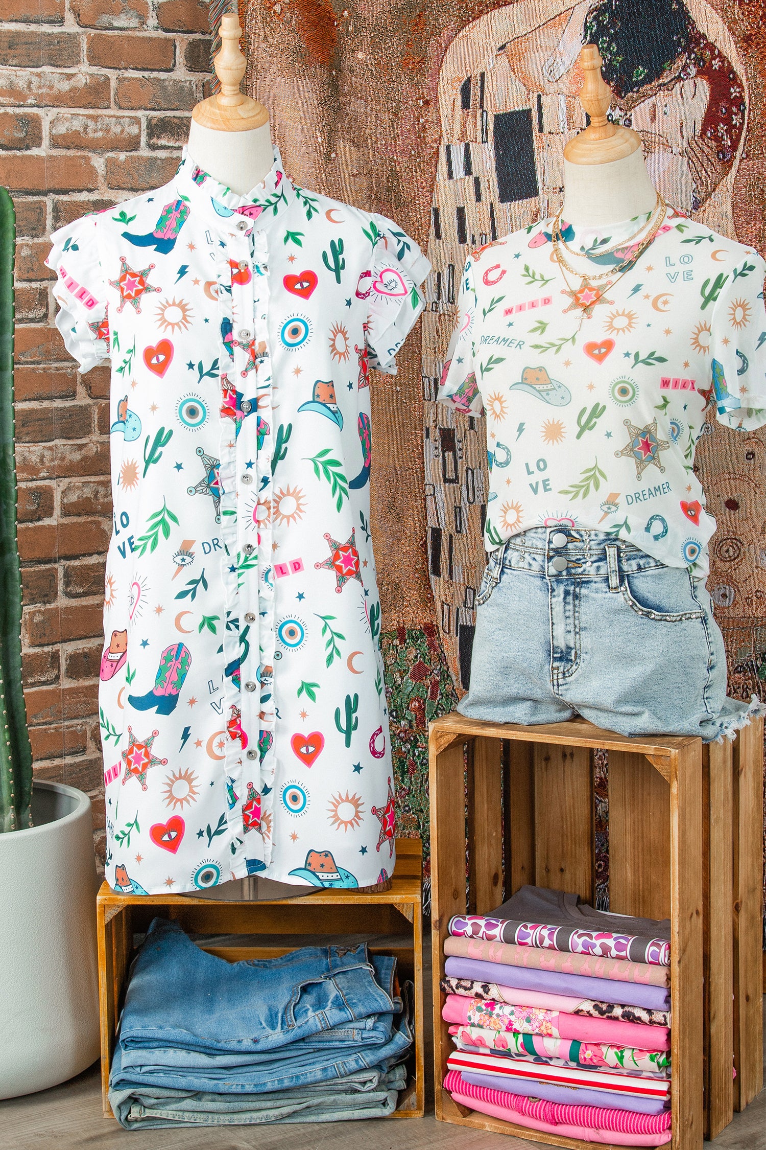 Western Print Flutter Sleeve Mini Dress – Button Down Boho Cowgirl Dress Dear-Lover Dropshipping Dresses/Mini Dresses