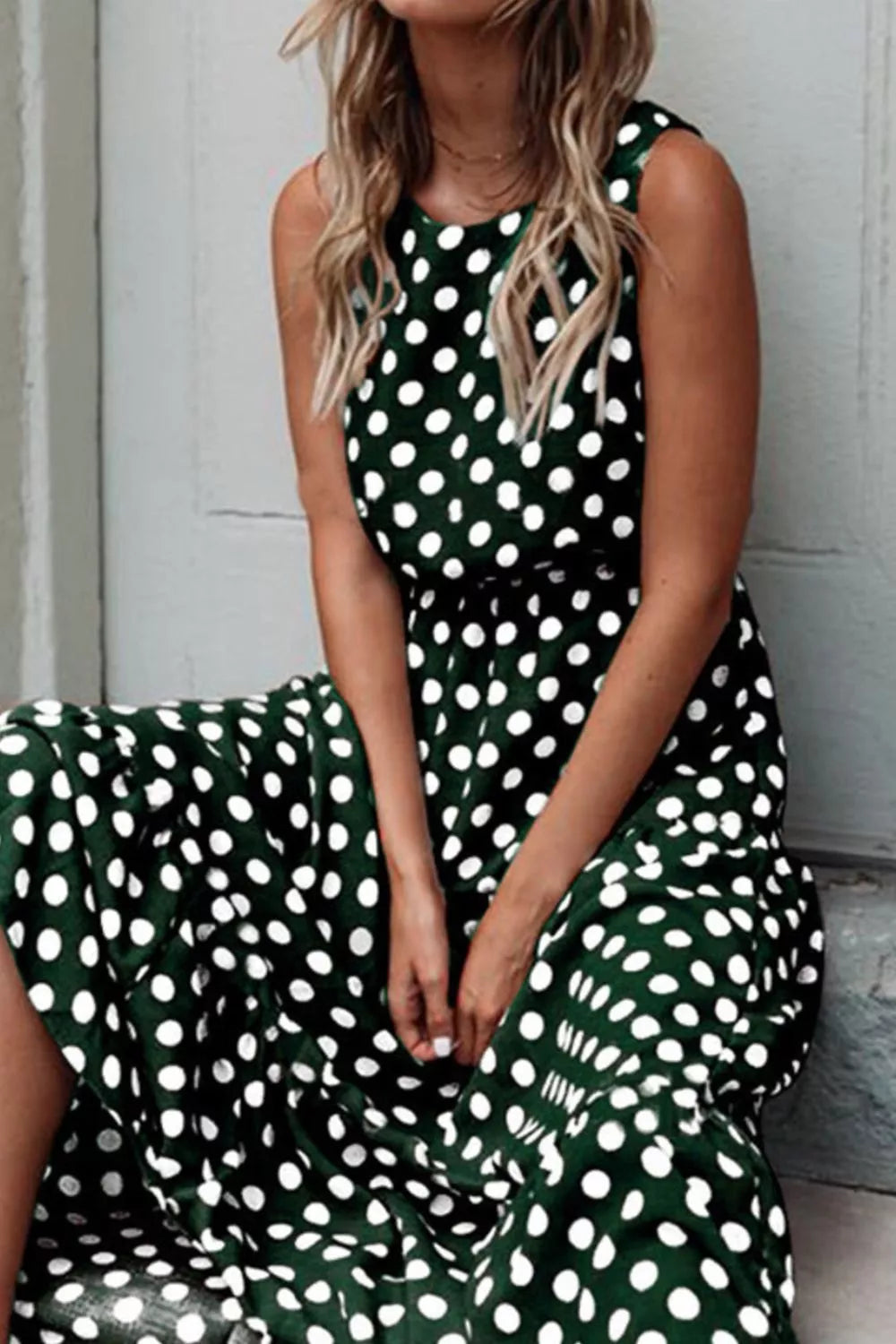 Sleeveless Polka Dot Casual Dress Green Bazaare Mart Sleeveless Polka Dot Casual Dress