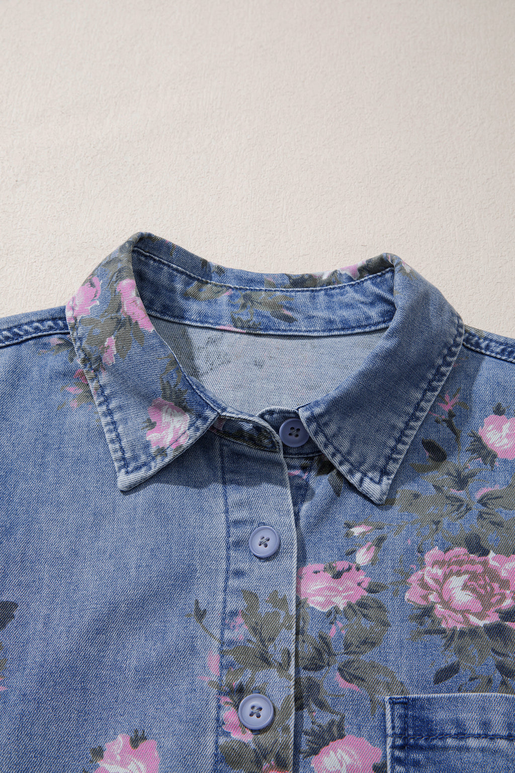 Blue Floral Denim Shirt – Bracelet Sleeve Lightweight Button Up Blouse