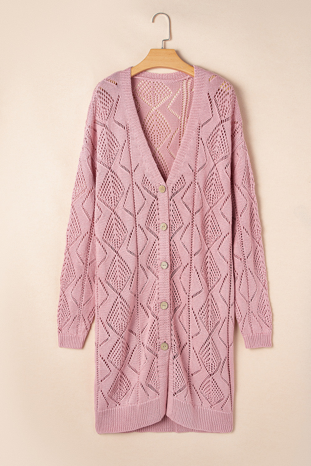 Khaki Openwork Knit Long Cardigan