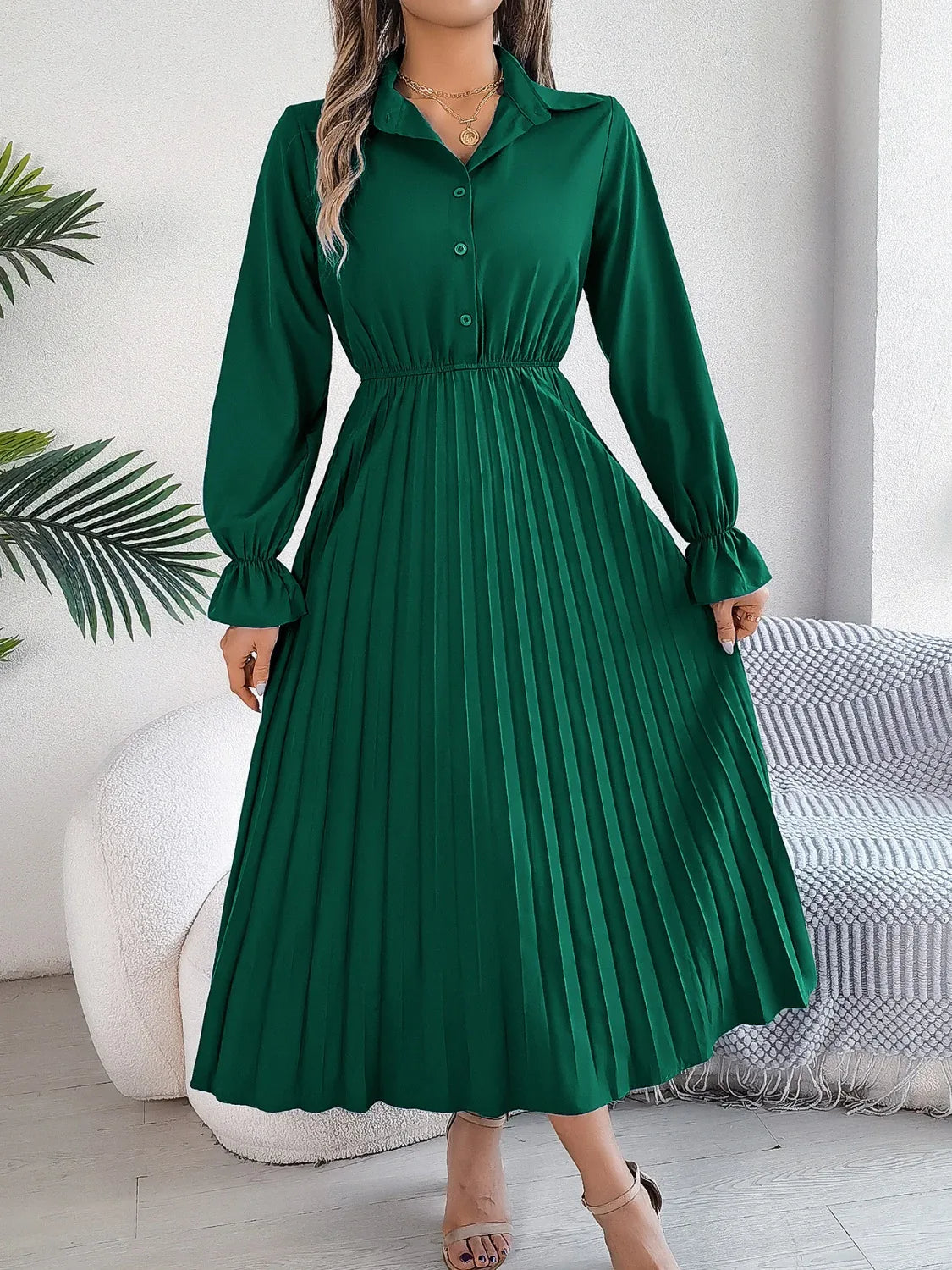 Pleated Half Button Long Sleeve Midi Dress Bazaare Mart Pleated Half Button Long Sleeve Midi Dress