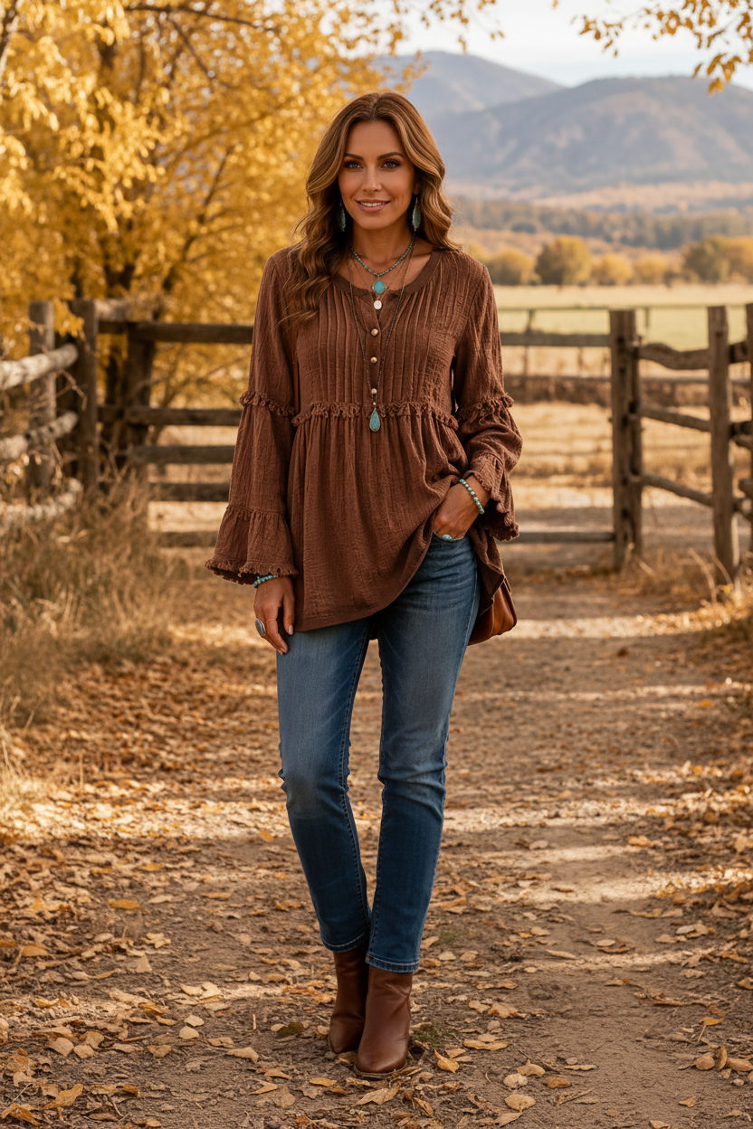 Textured Lace-Trim Button Front Blouse