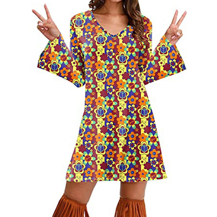 Retro ’70s Hippie Print A-Line Mini Dress Red CJ Dropshipping Long Sleeve Hippie Dress