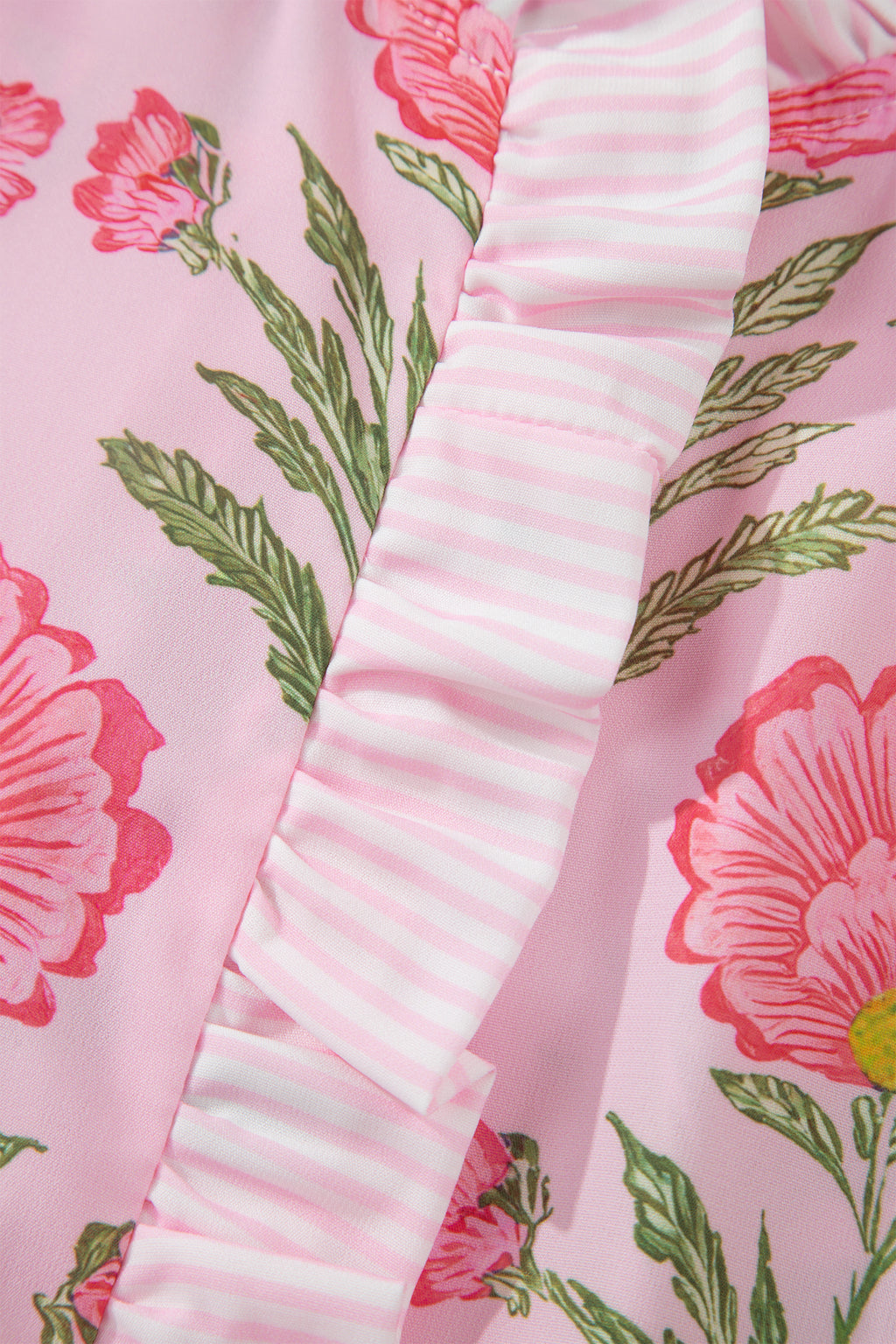 Pink Sweet Blooms Ruffle Striped Trim Puff Sleeve Shirt