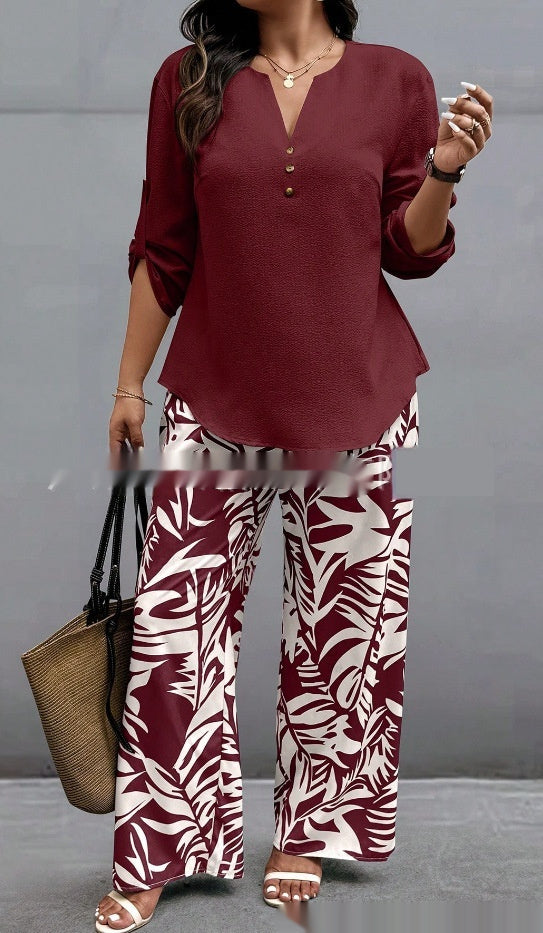 Ladies V-neck Shirt with Tropical Printed Pants 5 Style CJ Dropshipping Tropical Pants Set