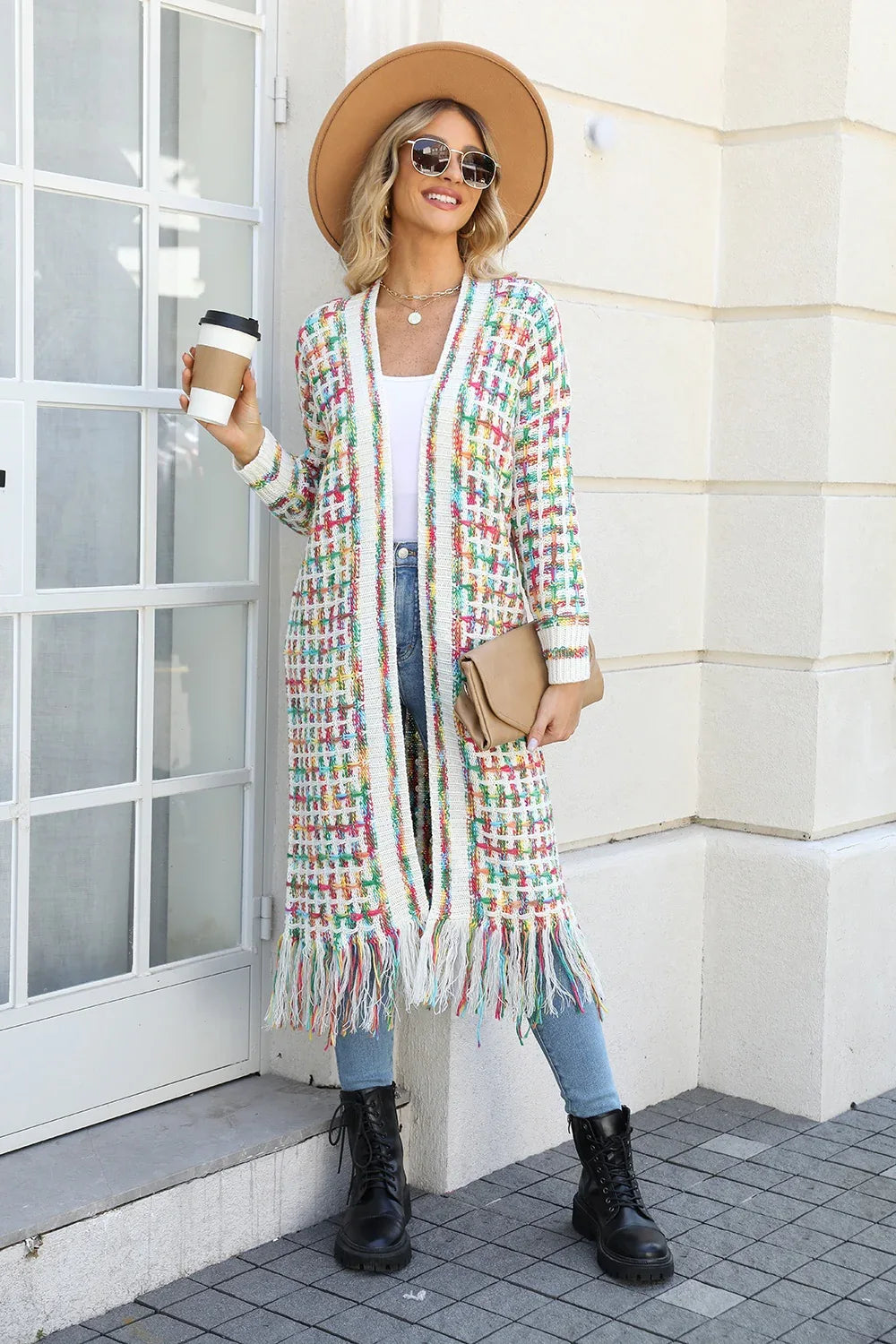Multicolor Open Front Fringe Hem Duster Cardigan Bazarre Mart Multicolored Open Front Fringe Long Sweater