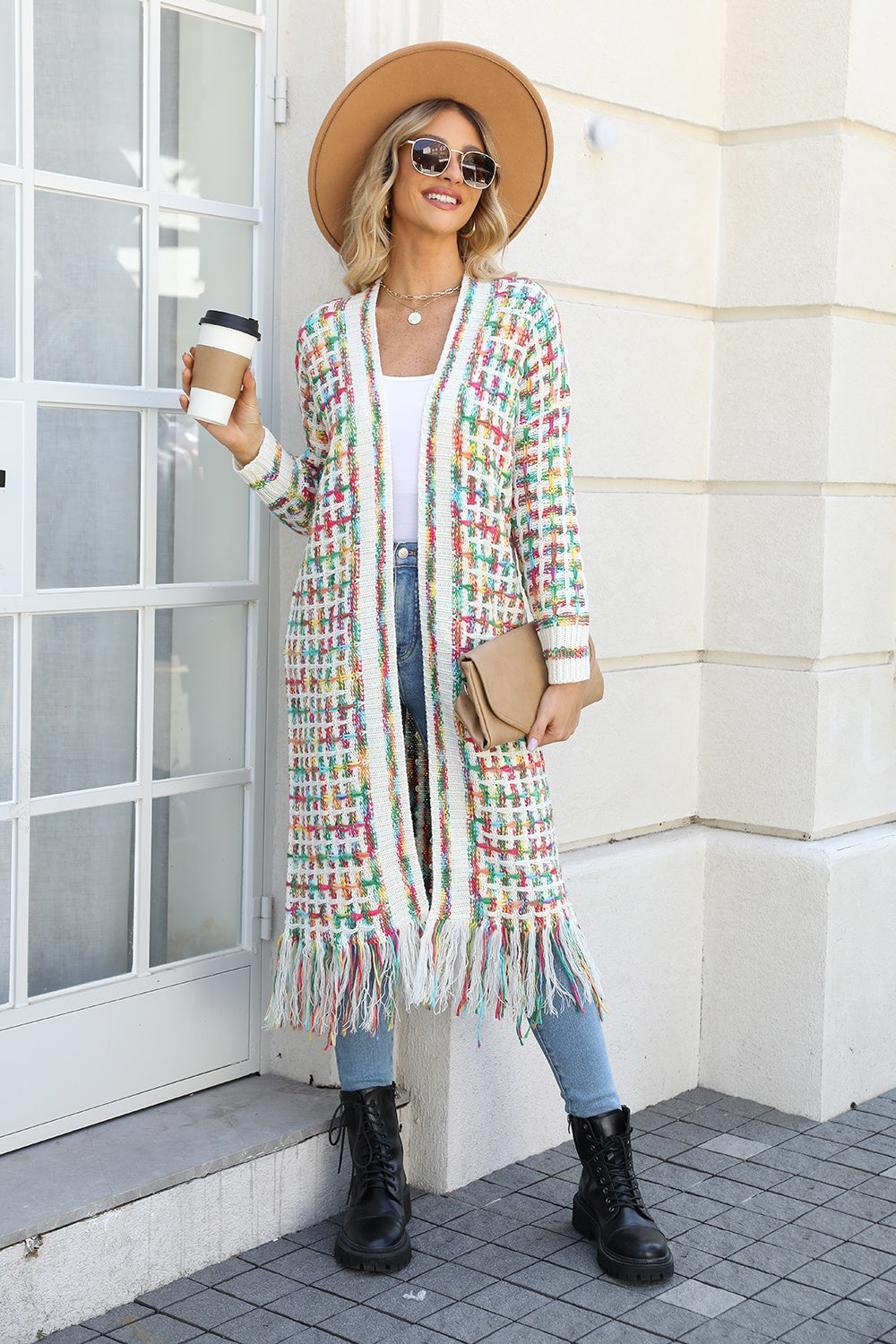 Multicolor Open Front Fringe Hem Duster Cardigan
