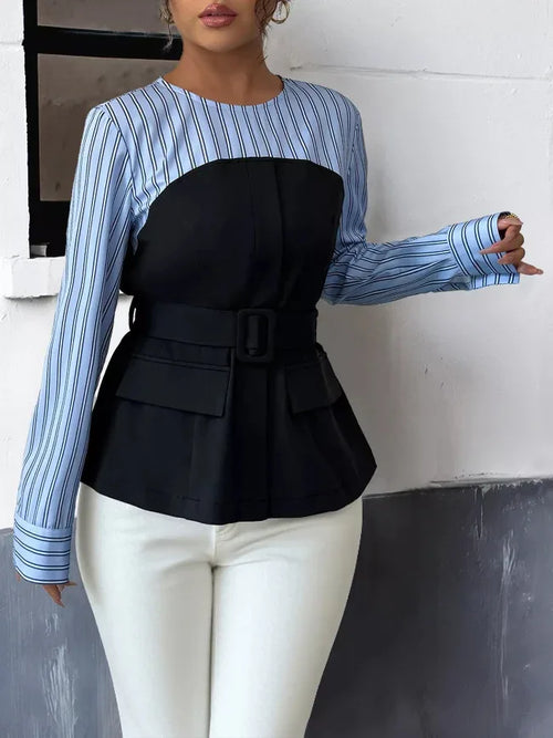 B&B Striped Long Sleeve Bow Tied Blouse Bazarre Mart Striped Long Sleeve Blouse with Bow Tie