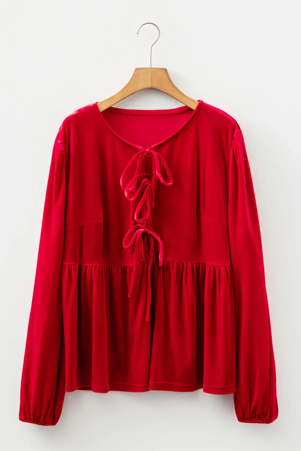 Red Tie Front Velvet Peplum Blouse Bazaare Mart Plus Size/Plus Size Tops/Plus Size Blouses & Shirts