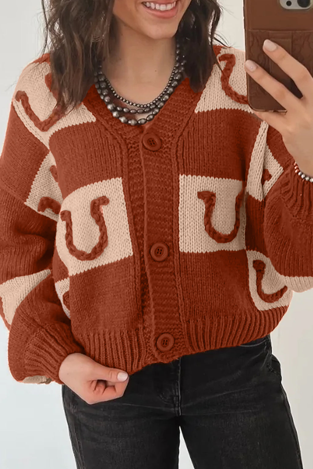 Rust &Cream Western Horseshoe Button-Front Cardigan
