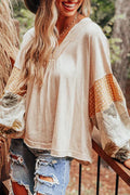 Puff Sleeve Patchwork V Neck Loose Blouse Jet Stream 65%Polyester+30%Viscose+5%Elastane Bazaare Mart Tops/Blouses & Shirts
