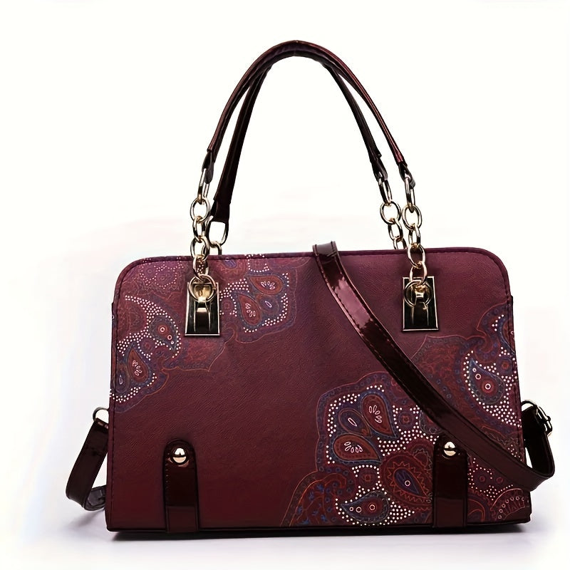 Burgundy Patchwork Satchel Crossbody Handbag