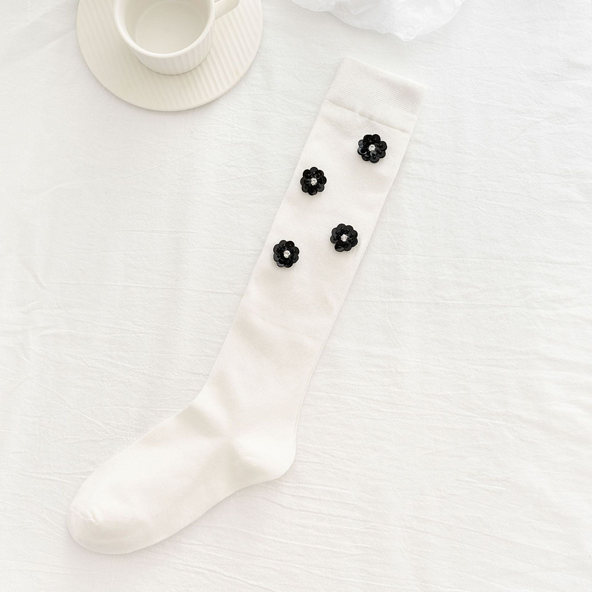 Floral Sequined Bow Knee-High Socks White black film One size CJ Dropshipping Floral Socks