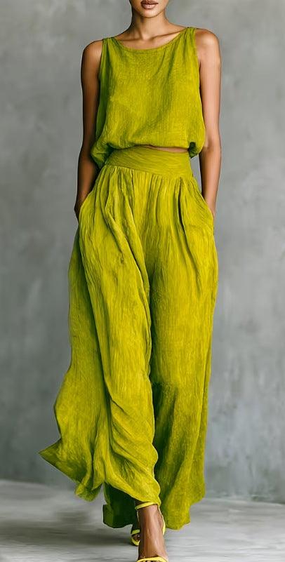 Solid Color Tank Top And Wide-Leg Pants Set Yellow Green CJ Dropshipping Sleeveless Top and Pants Set