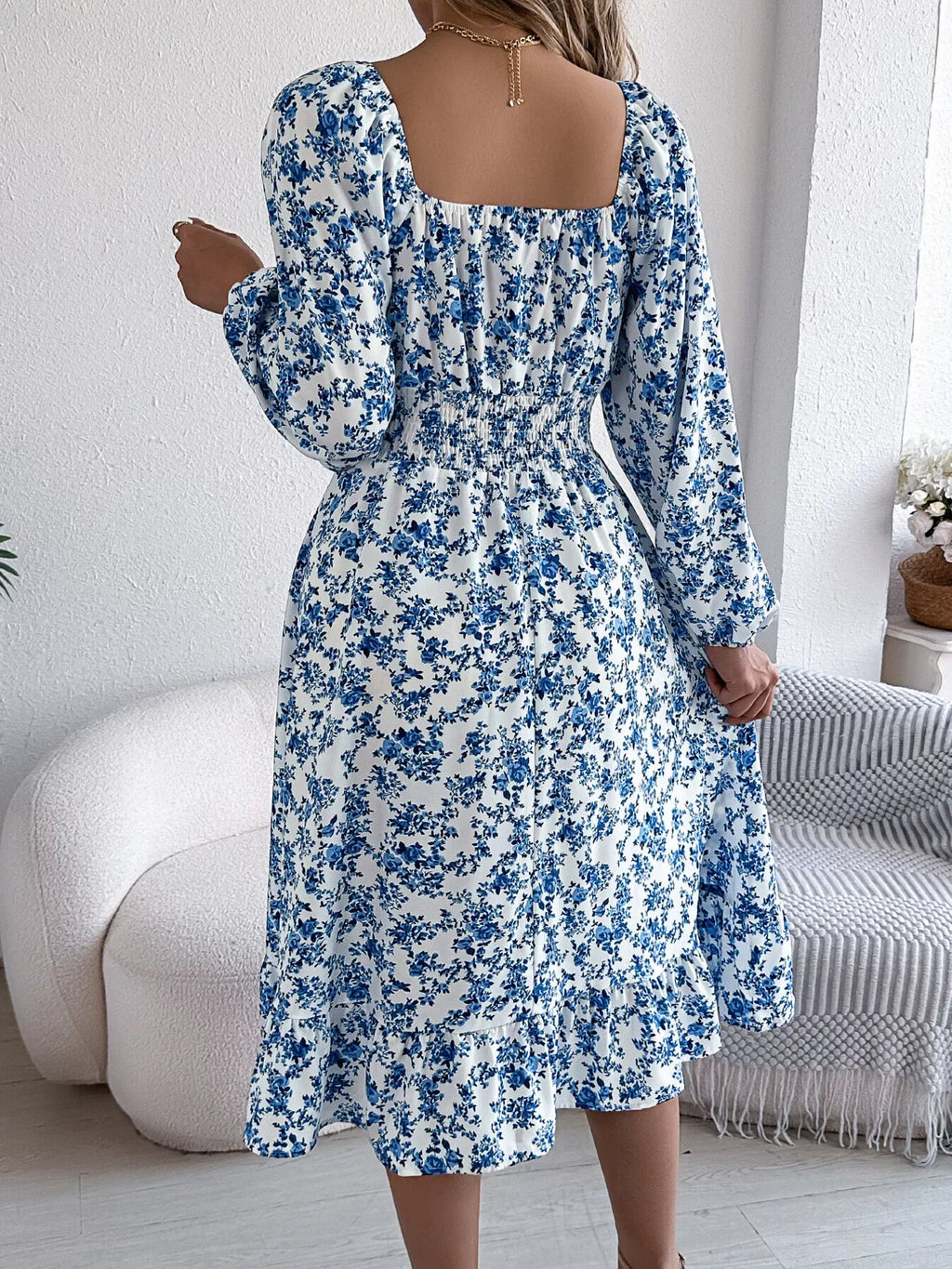Floral Long Sleeve Square Neck Midi Dress Bazaare Mart Long Sleeve Floral Peasant Dress