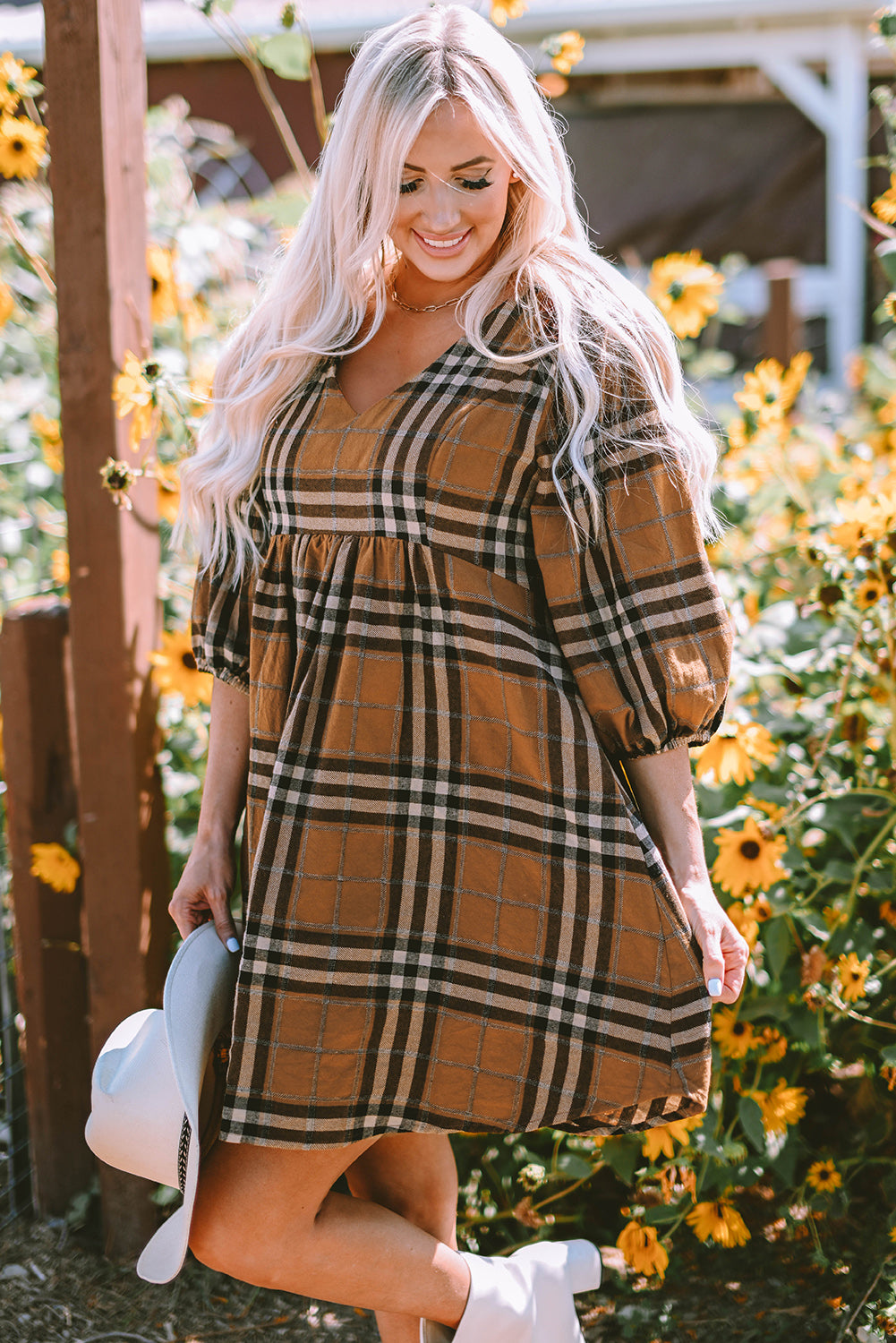 Brown Plaid Plus Size A Line Dress