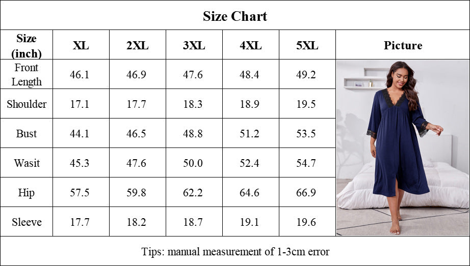 Plus Size Navy Three-quarter Sleeve Lace Nightgown CJ Dropshipping Navy Night Gown