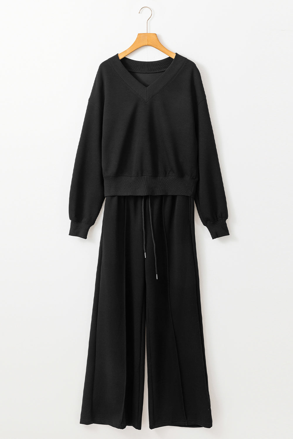 Black V Neck High Waist Pants Set