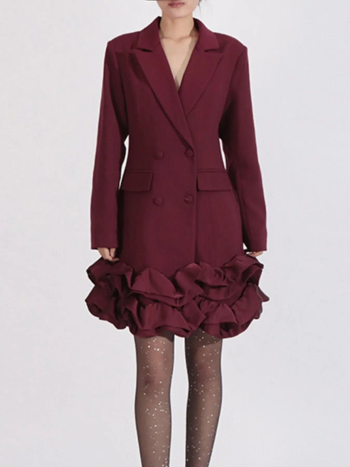 Ruffle Hem Double-Breasted Blazer Dress Angora Red Trendsi