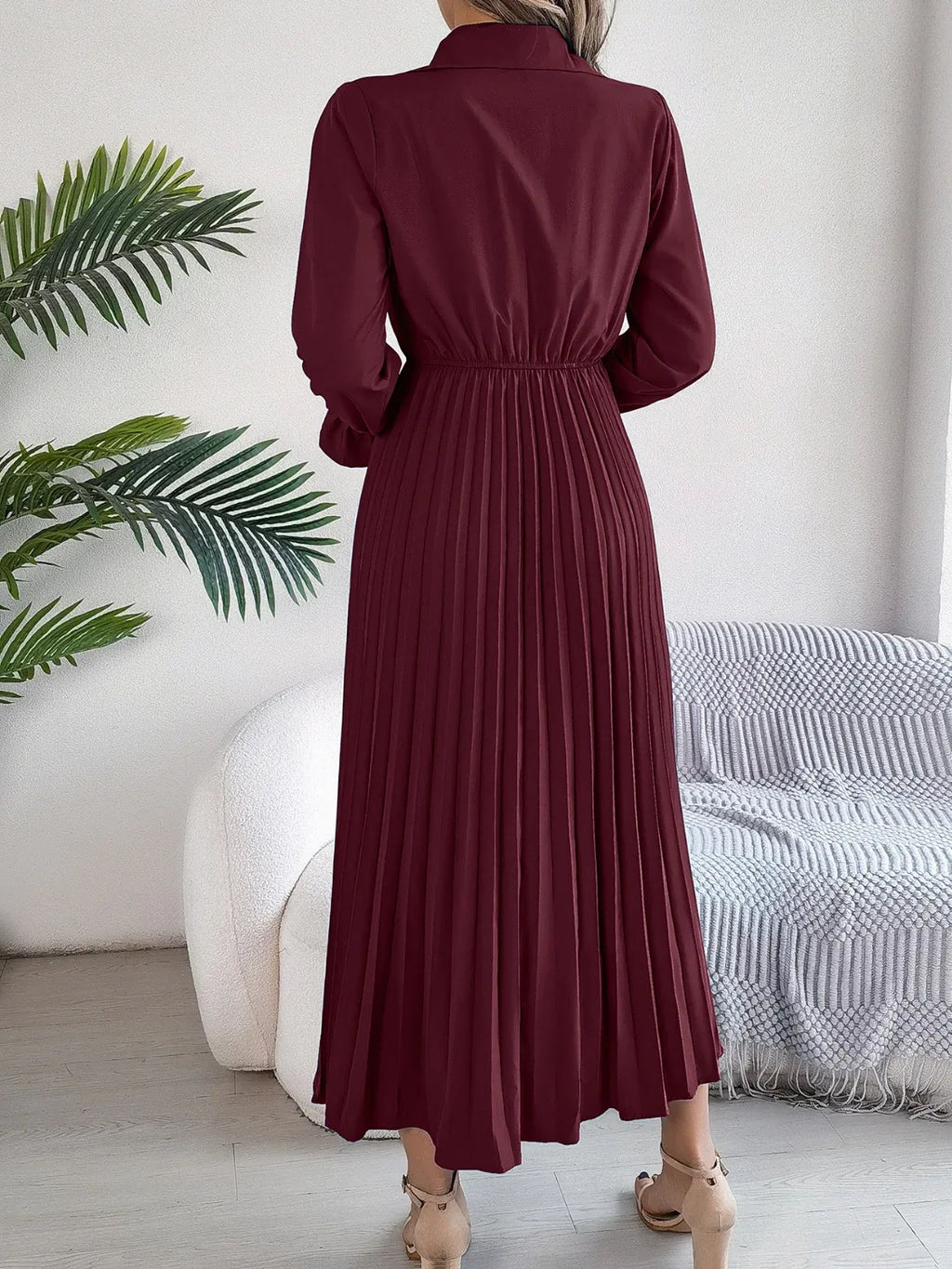 Pleated Half Button Long Sleeve Midi Dress Bazaare Mart Pleated Half Button Long Sleeve Midi Dress