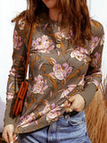 Floral Print Waffle Textured Long Sleeve Top Brown Bazaare Mart Floral Print Waffle Textured Long Sleeve Top