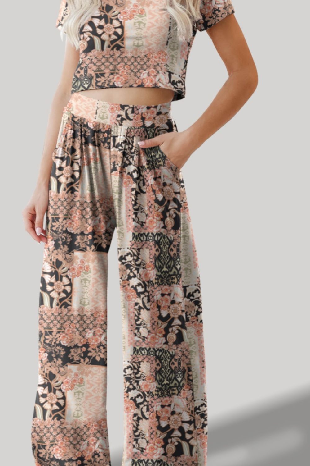 Printed Short Sleeve Wide Leg Pants Set