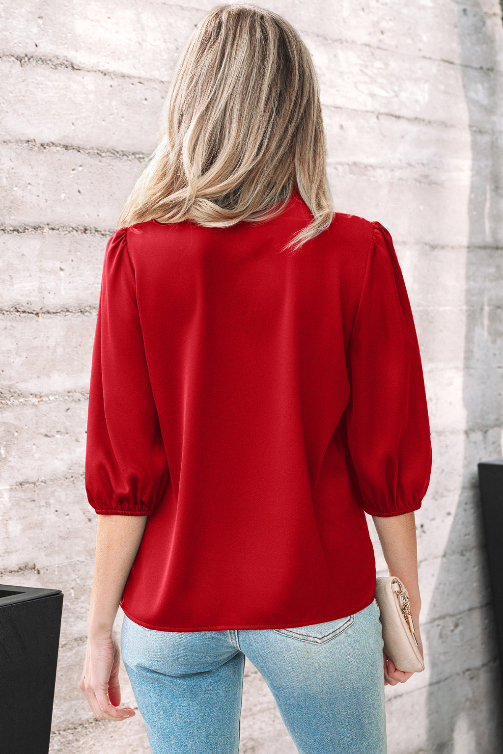 Solid Color Frilled V Neck Bow Detail 3/4 Sleeve Blouse Bazaare Mart Tops/Blouses & Shirts