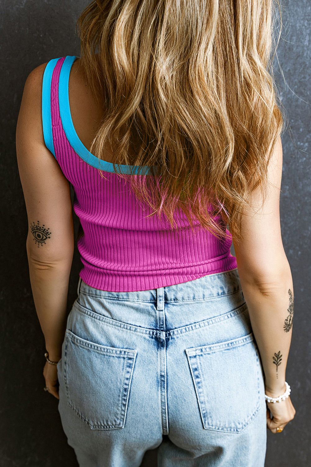Magenta Colorblock Edge Ribbed Knit U Neck Tank Top