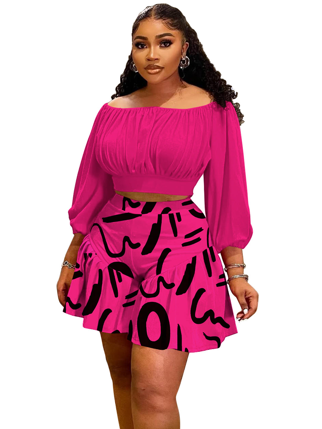 Plus Size Puff Sleeve Two-Piece Set – Off-Shoulder Crop Top & Wide Leg Shorts Outfit Rose Red CJ Dropshipping Plus Size Off Shoulder 2pc Shorts Set
