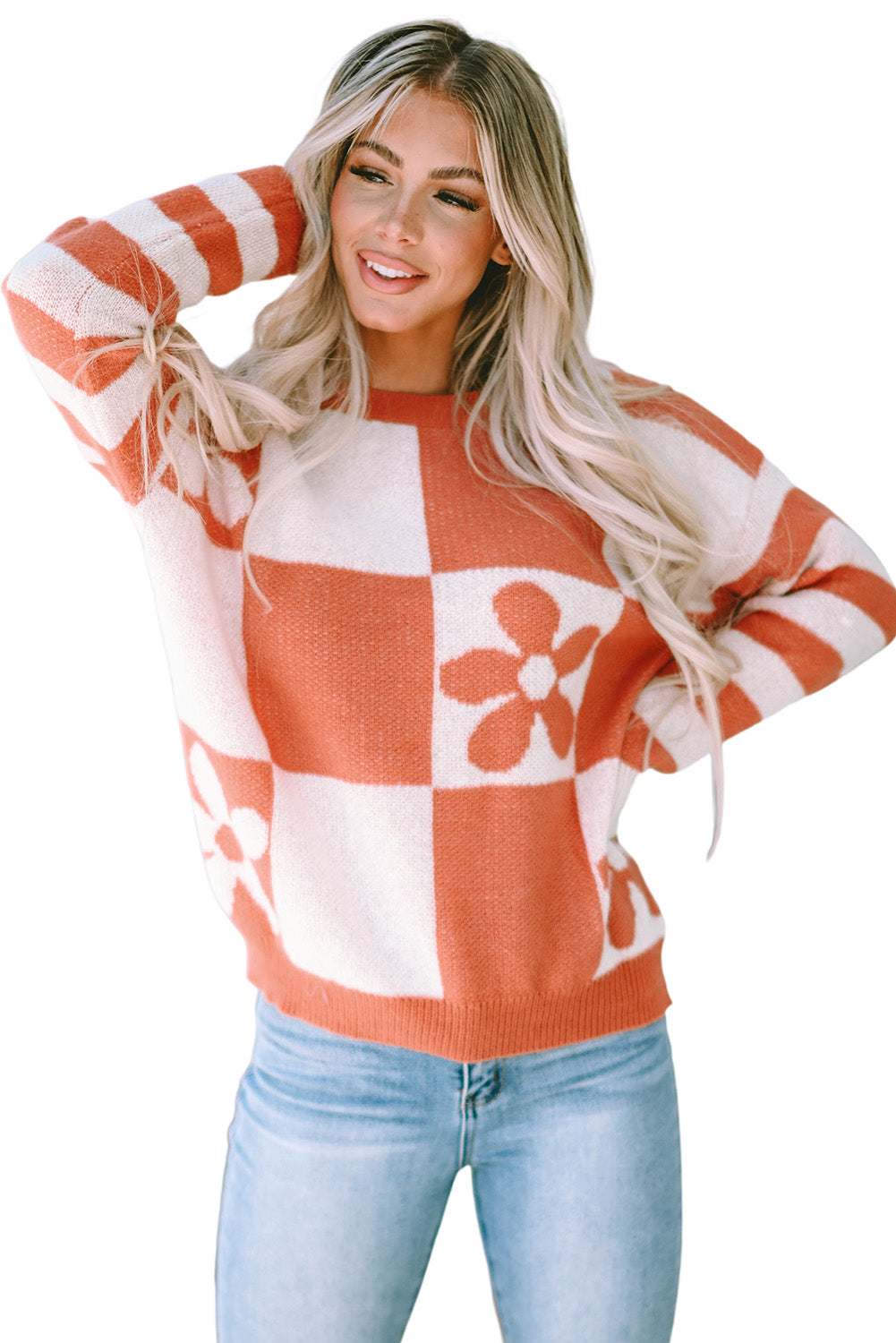 Checkered Floral Print Striped Sleeve Sweater