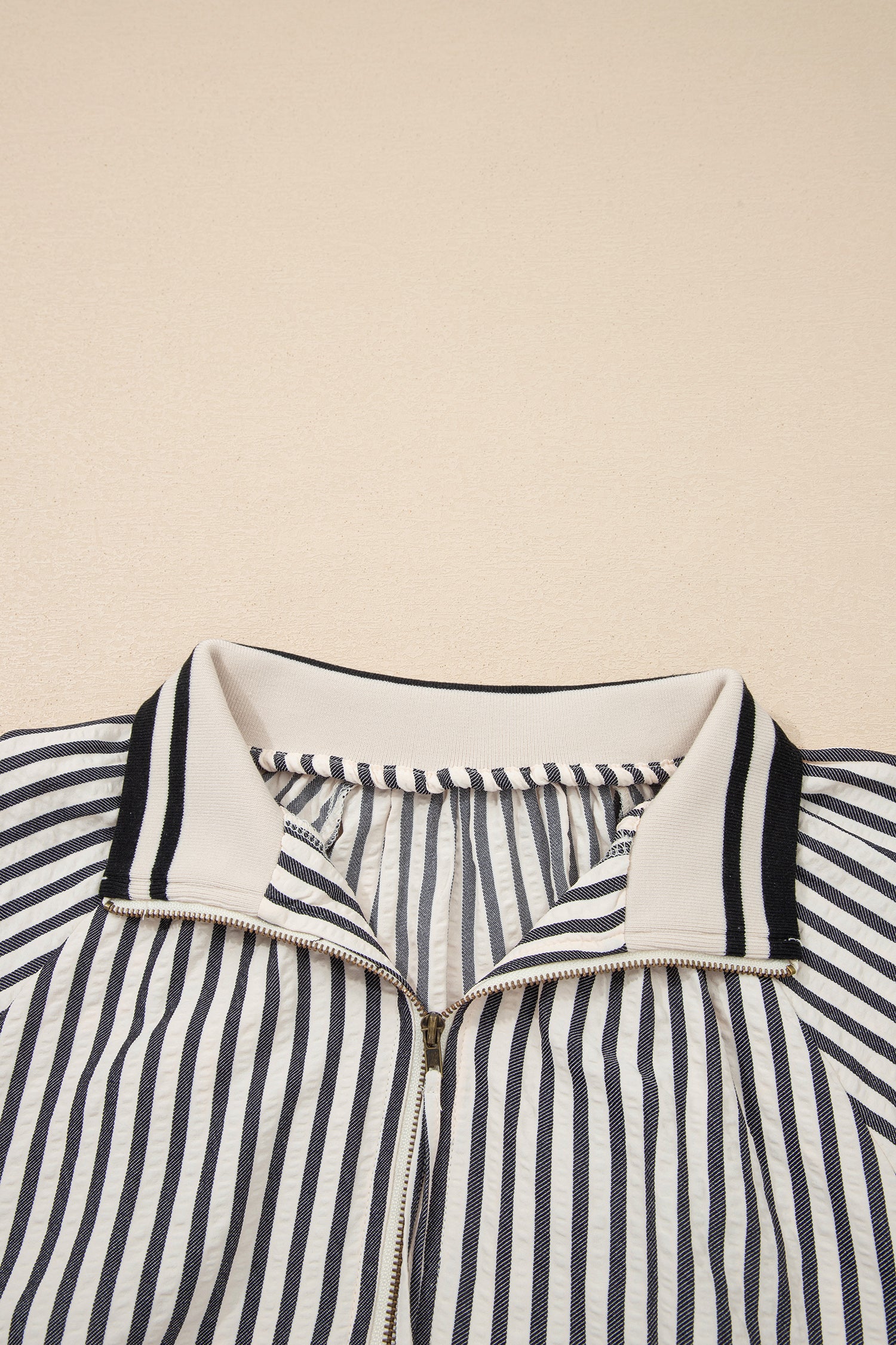 B&W Stripe Polo Collar Half Zip Short Puff Sleeve Blouse Bazaare Mart Tops/Blouses & Shirts
