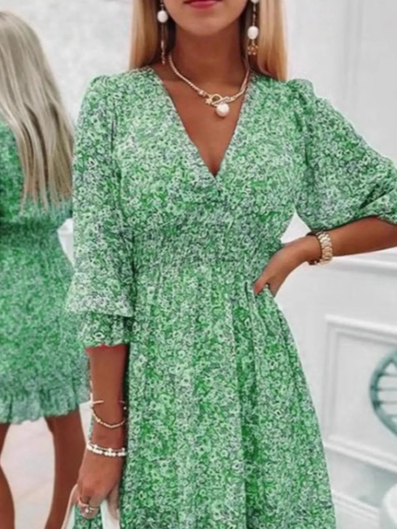 V-Neck Ruffled Hem 3/4 Sleeve Floral Dress Green Bazaare Mart Ruffled Hem Floral Dress Plus Size