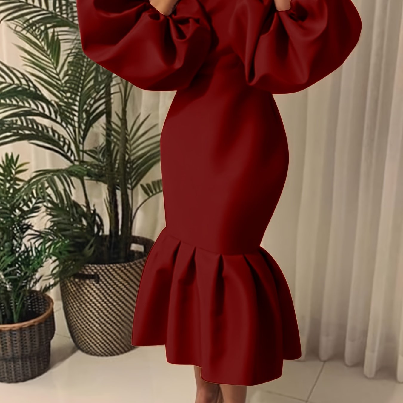 Cowl Neck Balloon Sleeve Mermaid Dress