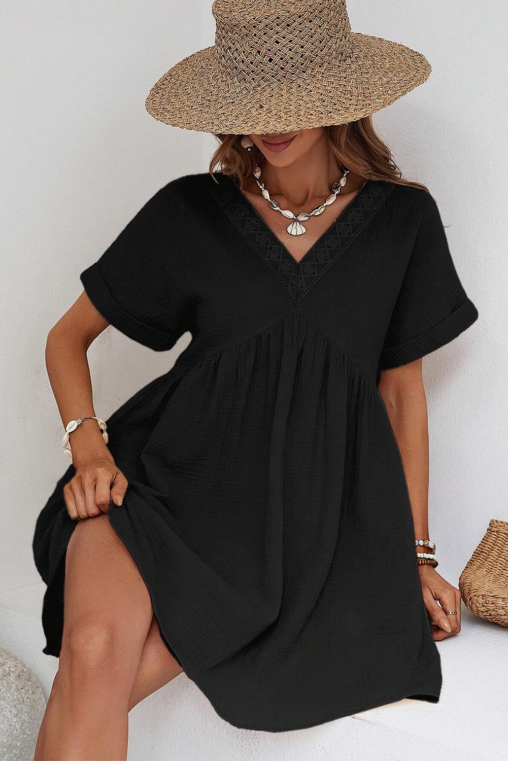 Black Short Sleeve V Neck Mini Dress