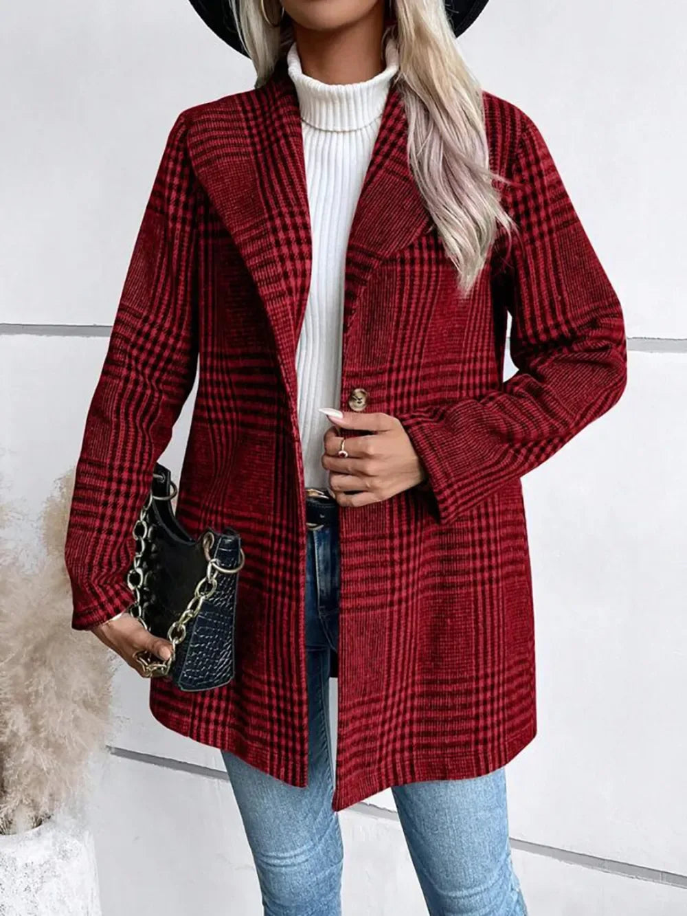 Plaid Big Collar Long Jacket Bazaare Mart Plaid Collared Neck Long Sleeve Jacket